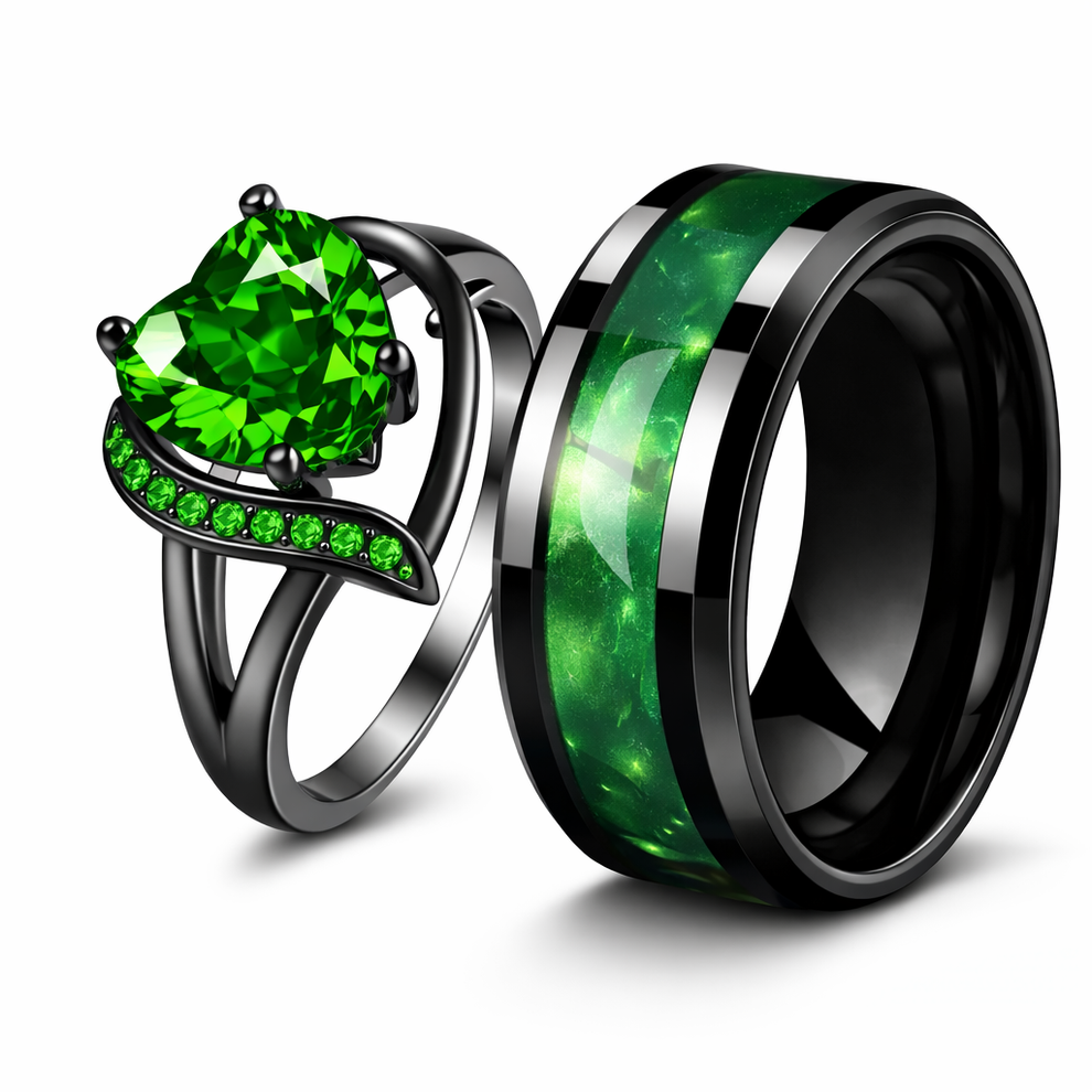 Emerald Engagement Ring Set for Couples